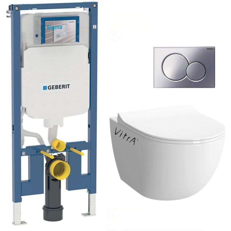 Pack WC Bati-support Geberit UP720 extra-plat + WC Vitra Sento sans bride + Abattant softclose + Plaque chrome brillant