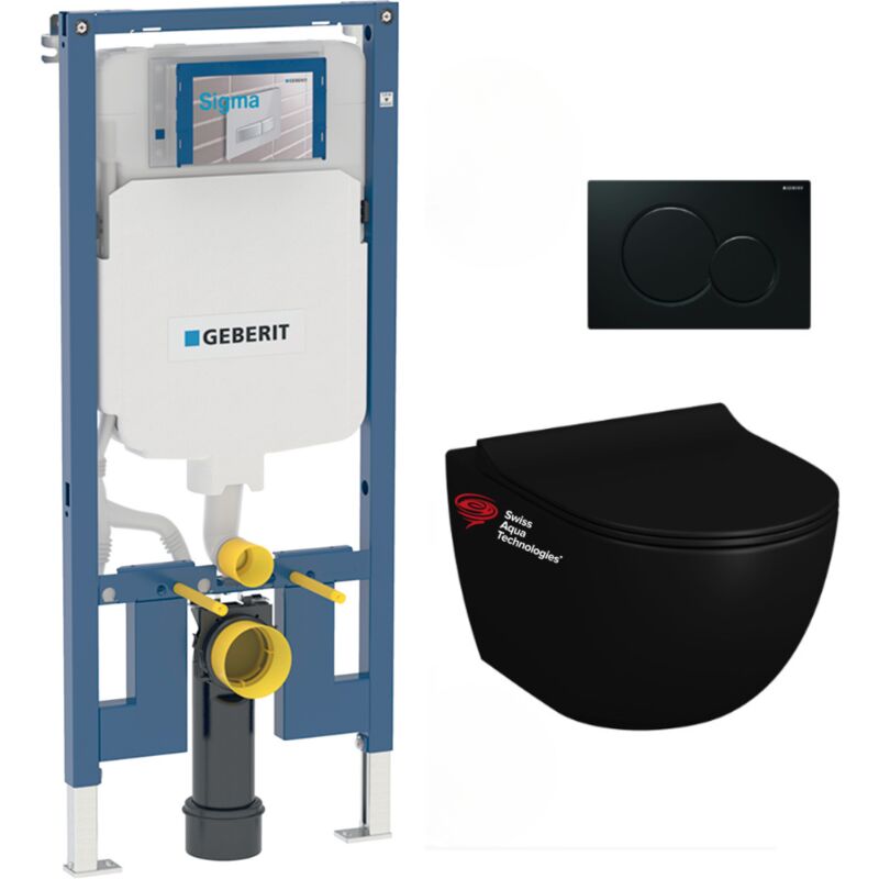 Pack WC Bati-support Geberit slim + WC Swiss Aqua Technologies sans bride Noir mat + Abattant softclose + Plaque