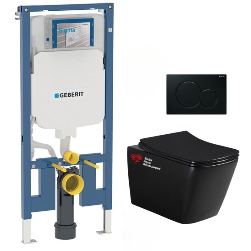 Pack wc Bati-support Geberit wc sans bride Swiss Aqua Technologies + abattant SoftClose + plaque noire (slimsblinfia)