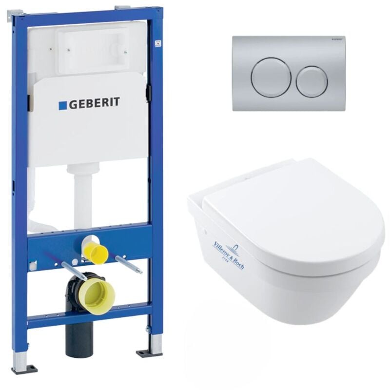 Geberit - Pack wc Bati UP100 + Cuvette Villeroy & Boch Architectura sans bride fixations invisibles + Plaque chrome mat (Archi3Geb