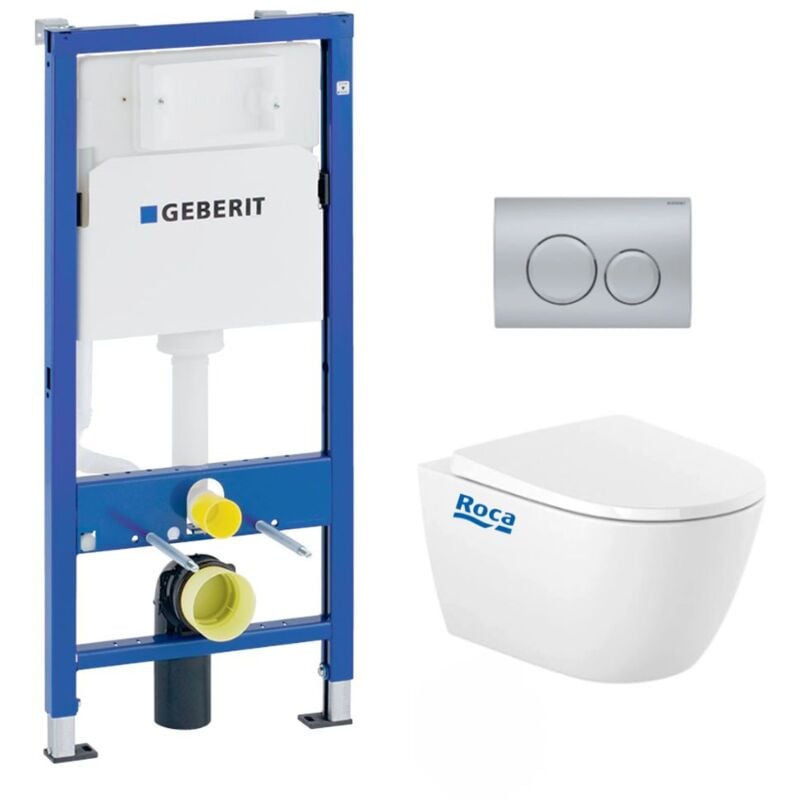Geberit - Pack wc Bati UP100 + Cuvette Roca Ona sans bride fixations invisibles + Plaque chrome mat (OnaGeb9)