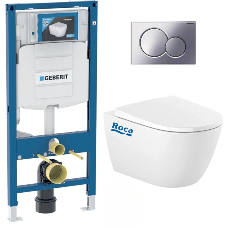 Geberit - Pack wc Bati Duofix UP320 + cuvette Roca sans bride + abattant Soft Close + Plaque Chrome (GebOna-N)