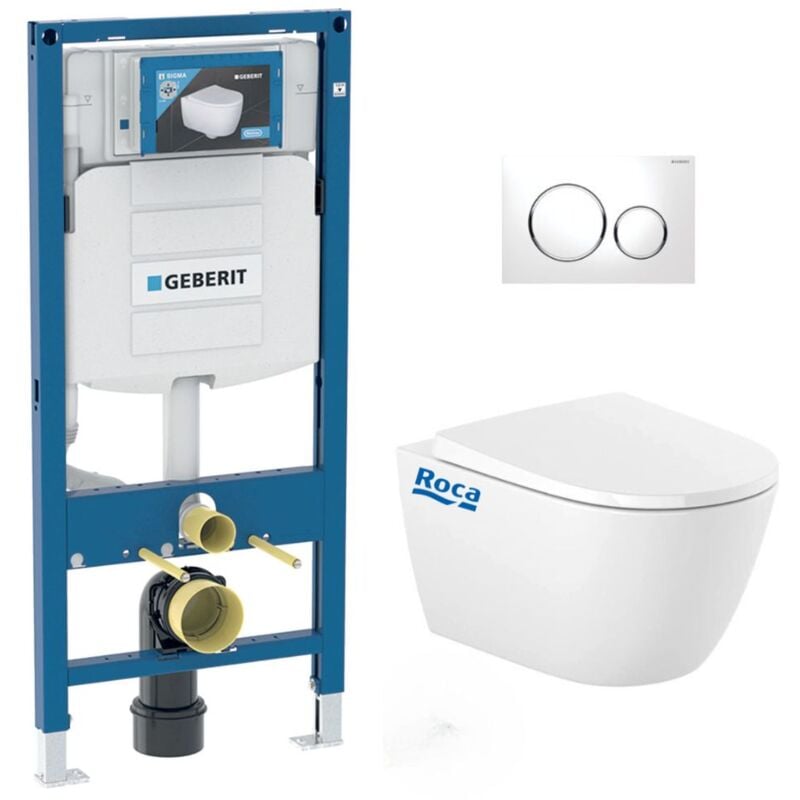 Pack wc Bati Geberit Duofix UP320 + cuvette Roca sans bride + abattant Soft Close + Plaque de commande Blanche (GebOna-C)