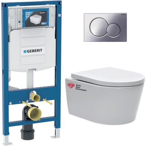 Geberit Pack WC Geberit Duofix + WC sans bride SAT, fixations invisibles + Abattant softclose + Plaque chrome (GebSATrimless-N)
