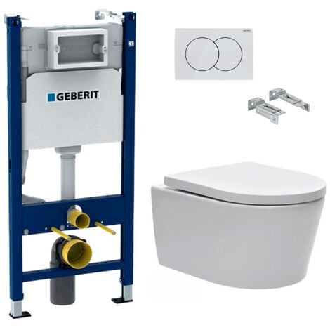 Geberit Pack WC Vorwandelement 112cm + Swiss Aqua Technologies Toilettenschüssel spülrandlos + Weiße Platte (SATrimlessGeb3-DE)