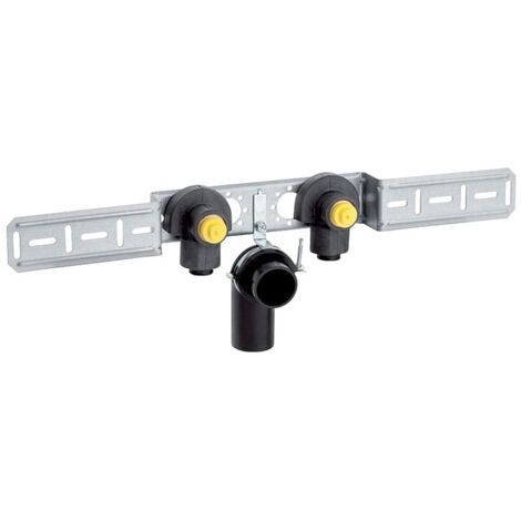 Geberit PushFit Anschlusswinkel 90 Grad vormontiert, zweifach, Ablaufrohrschelle, CW617N, d 20mm, Rp 1/2″, L1 5,2cm, AD 15,3cm
