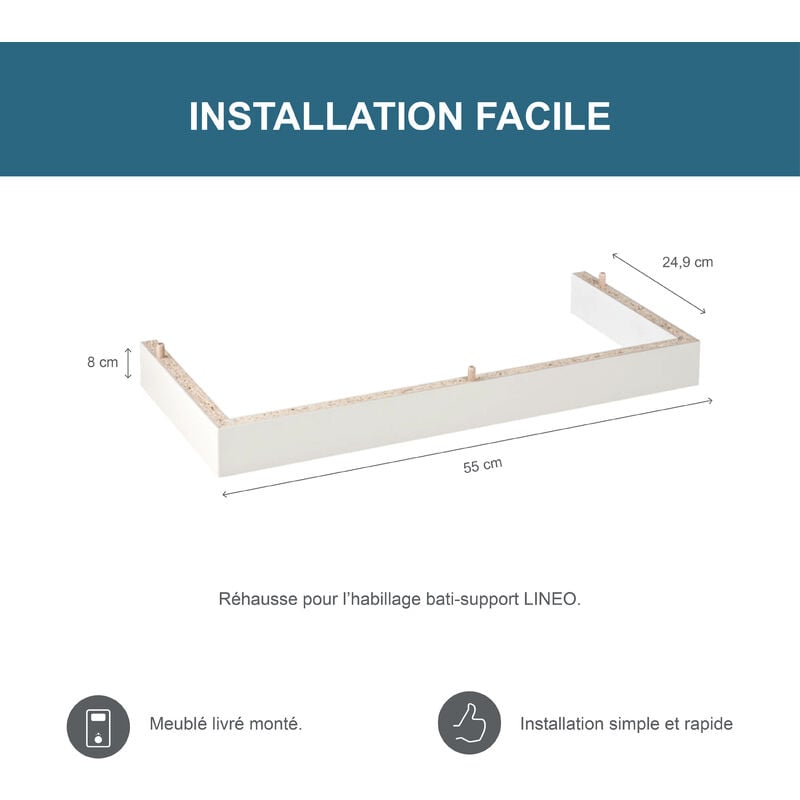 Réhausse 8cm pour coffrage/habillage Lineo pour bati support wc suspendu - Finition laquée blanche - Pour une installation pour les personnes à