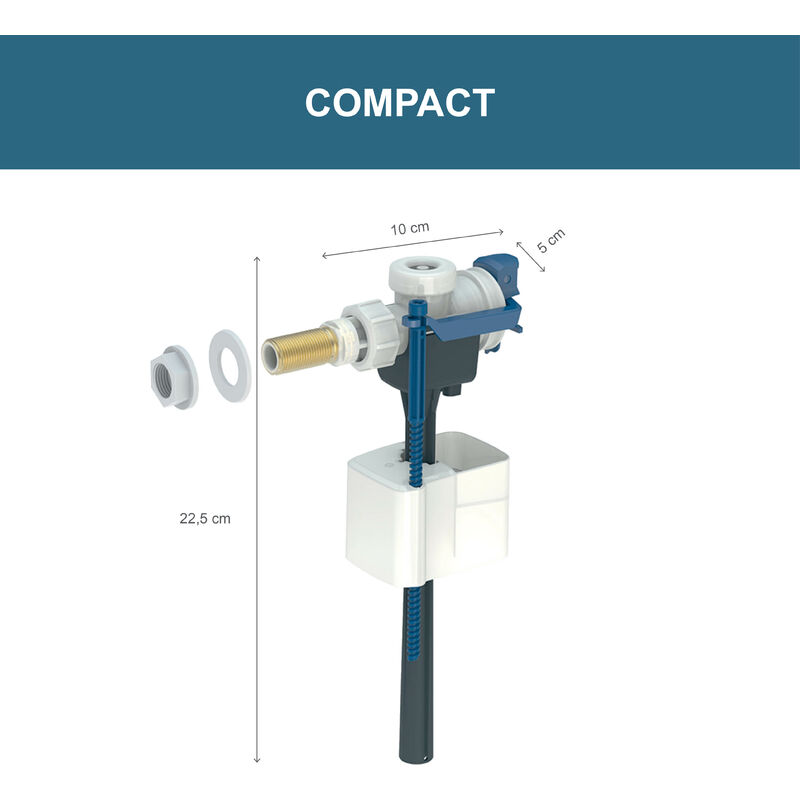Geberit - Robinet flotteur compact - Hauteur de remplissage réglable - Mamelon filété en laiton 3/8' - Arrivée d'eau latérale - Silencieux de classe