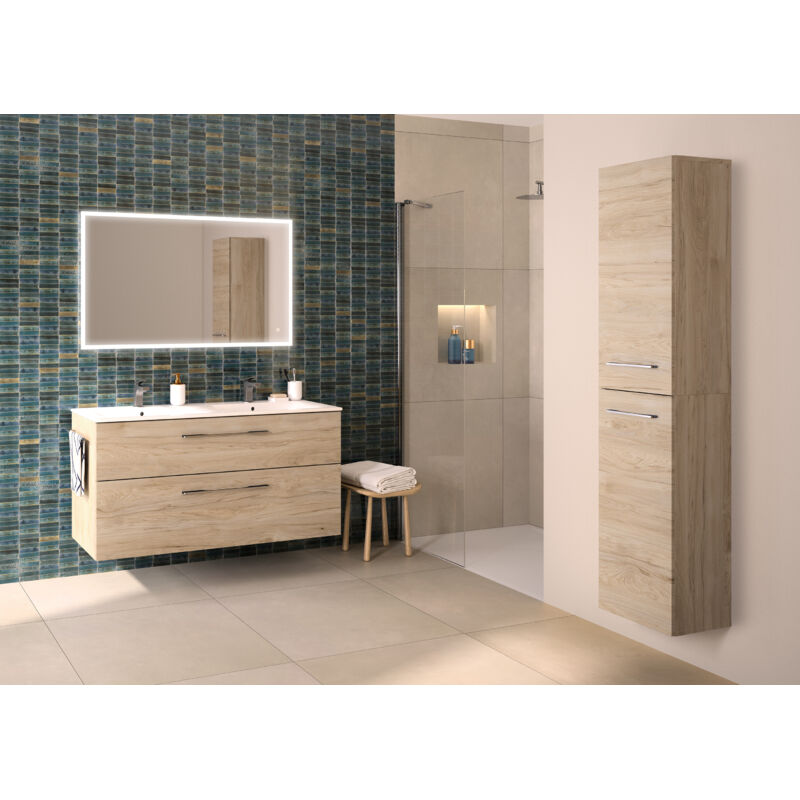 Set Lavabo et Meuble Selva avec 2 Tiroirs - Gamme Modulable - Éclairage led du Tiroir Supérieur - Prise de Courant - Porte-Serviettes - Largeur 130