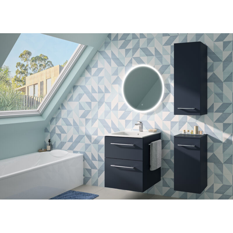 Set Lavabo et Meuble Selva avec 2 Tiroirs - Gamme Modulable - Éclairage led du Tiroir Supérieur - Prise de Courant - Porte-Serviettes - Largeur 55 cm
