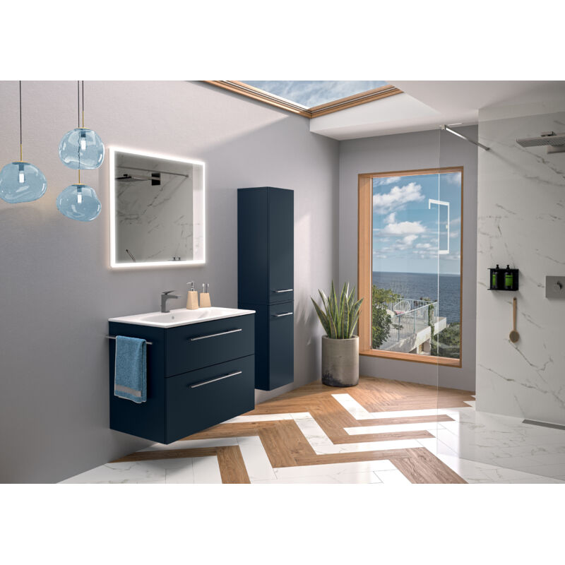 Set Lavabo et Meuble Selva avec 2 Tiroirs - Gamme Modulable - Éclairage led du Tiroir Supérieur - Prise de Courant - Porte-Serviettes - Largeur 80 cm