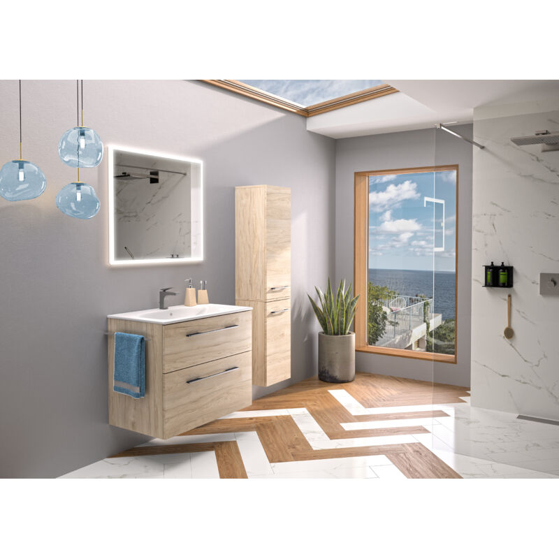 Set Lavabo et Meuble Selva avec 2 Tiroirs - Gamme Modulable - Éclairage led du Tiroir Supérieur - Prise de Courant - Porte-Serviettes - Largeur 80 cm
