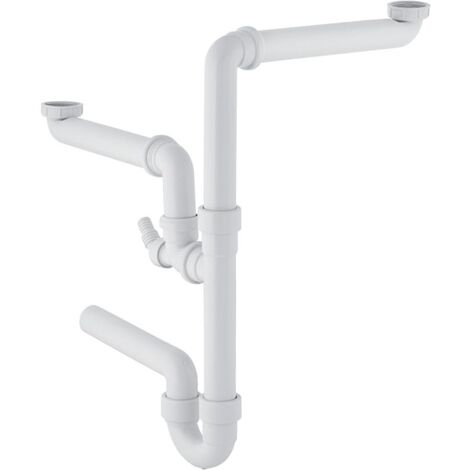 Geberit Siphon Rohrbogengeruchsverschluss für zwei Spülbecken, Winkelschlauchtülle Abgang horizontal d 40mm, Alpinweiß