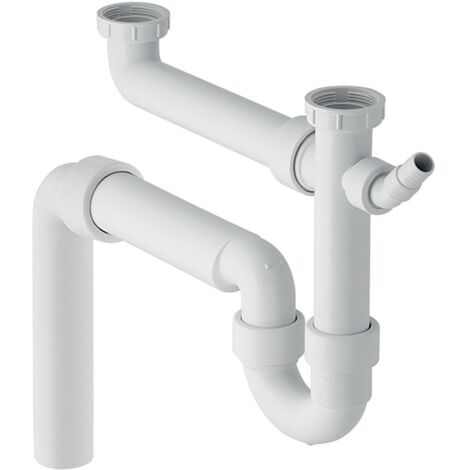 Geberit Siphon Rohrbogengeruchsverschluss für zwei Spülbecken, Winkelschlauchtülle Abgang vertikal d 50mm, Alpinweiß