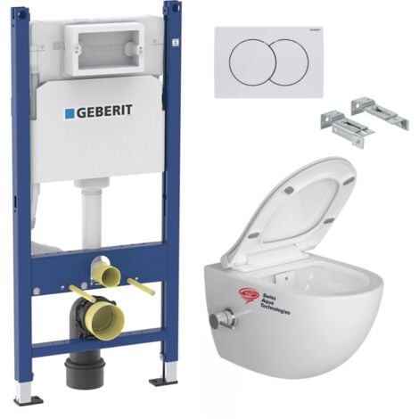 Geberit Toilet Frame + Swiss Aqua Technologies bowl with Thermostatic bidet + Softclose seat + White plate (SATCLEANGEB3)