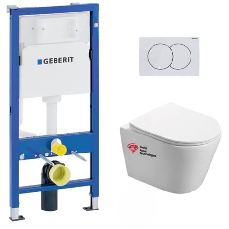 Geberit Toilet Frame + Swiss Aqua Technologies Infinitio Rimless toilet + Alpine white plate (INFINITIOGEB1)