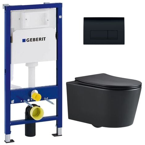 Geberit Toilet Frame + Swiss Aqua Technologies Rimless toilet + SoftClose seat + black plate (BLSATGEB7)