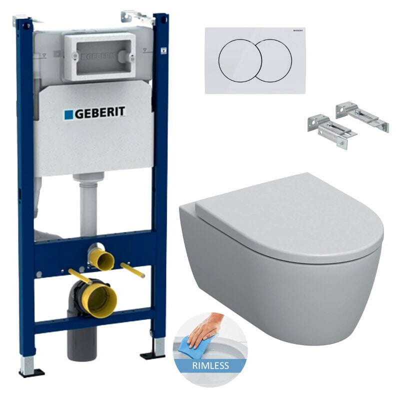 Geberit - Toilet Pack Duofix Frame + iCon Rimless Toilet + Soft-Close Seat + White Flush Plate (iConGeb3)