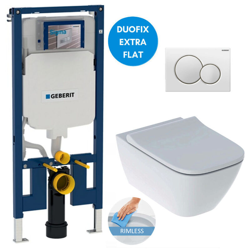 Geberit Toilet Set Duofix extra-flat support frame + Geberit Smyle rimless toilet + Softclose seat + White plate