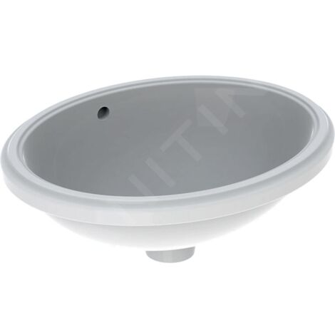 Geberit – Vasque à encastrer ovale 56x46cm – Céramique sanitaire blanche – Montage par le bas sans trou de robinetterie – Trop-plein inclus