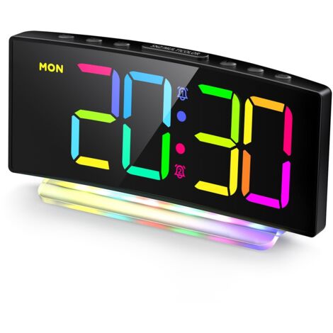 Gebogener digitaler LED-Wecker mit RGB-Beleuchtung, Dual-Alarm, 12/24-Stunden-Anzeige, einstellbarer Helligkeit (Netzteil im Lieferumfang enthalten)