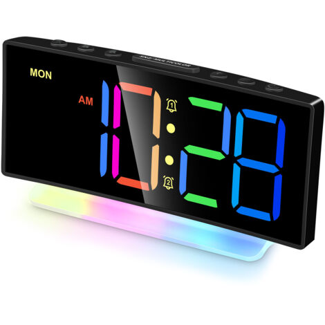 Gebogener digitaler LED-Wecker mit RGB-Licht, Doppelalarm, 12/24 Stunden, einstellbare Helligkeit (Adapter im Lieferumfang enthalten)