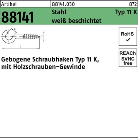 Gebogener Schraubhaken 30x2,3x10 Stahl weiß beschichtet 100 Stk