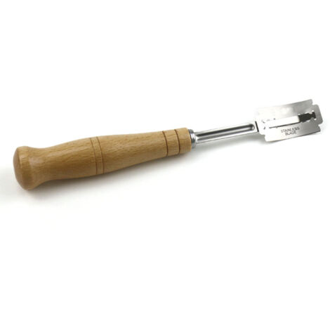 Gebogenes Brotmesser aus Edelstahl mit Holzgriff und 5 Ersatzklingen