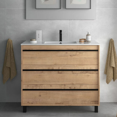 Geco100 Ostippo-Badezimmerschrank aus Eiche mit Waschbecken mit 3 Schubladen, 100 x 45 x 86 h