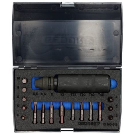 GEDORE Giravite a Percussione, Set di 18 Pezzi, 1/2 pollici, Orario e Antiorario, Giravite a Percussione Manuale Set con Inserti, Azionabile con Martello, K 1900-018