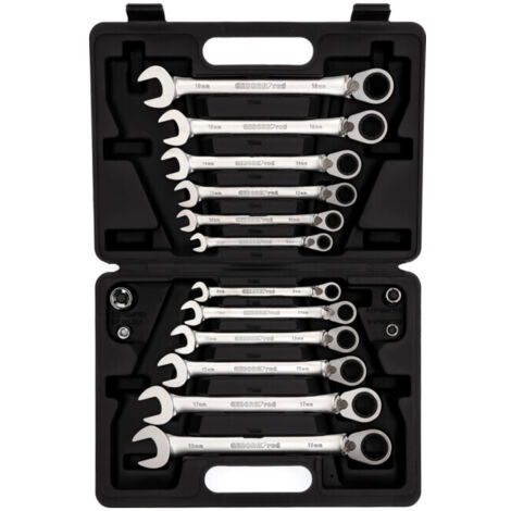 Gedore – Jeu de clés mixtes à cliquet 16 pièces – Ouverture 15° décalée – Acier chromé mat-satiné – Pour espaces confinés – Largeur 8-19 mm