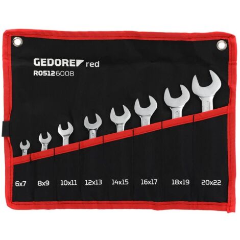 GEDORE Red Chiave a Due Bocche, Set di 8 Pezzi, 6-22 mm, in Metrica, Corta, Chiave a Cricchetto, con Custodia Arrotolabile, R05126008