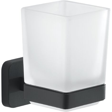 GEDY Porta Spazzolino Tonga, Bicchiere Porta Spazzolino in Acciaio Inox, Cromall e Vetro Satinato, Fissaggio con Viti Incluse o Biadesivo, Nero Matt, 6,4x9,7x10,5cm