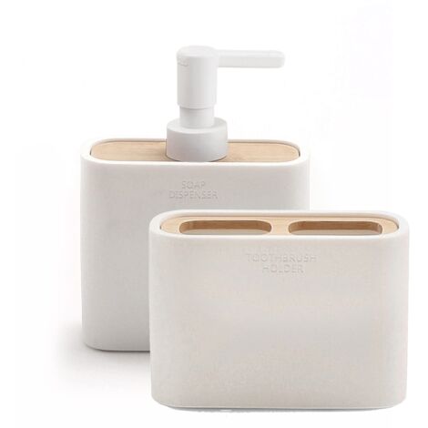 GEDY  Set Melbourne 2 Pezzi, 1 Dispenser Sapone e 1 Porta Spazzolino, Serie Realizzata in Resina e Bambù con Finiture Bianche