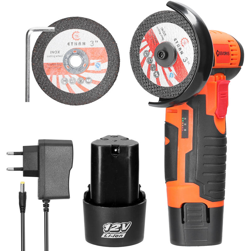 12V 19500rpm Mini meuleuse d'angle rechargeable pour usage domestique Moteur de meuleuse d'angle avec deux lames de coupe [2Pcs et 1 chargeur, Euro