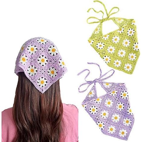 gehäkelte Haarbänder mit Blumen für Damen (lila und grün), Kopftücher im Boho-Stil mit Blumenmuster für Damen, dreiteilige Kopftücher