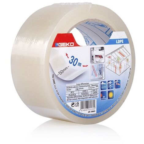 GEKO Transparentes Klebeband 50mm x 30m mit Frontetikett für die Reparatur von Gewächshäusern