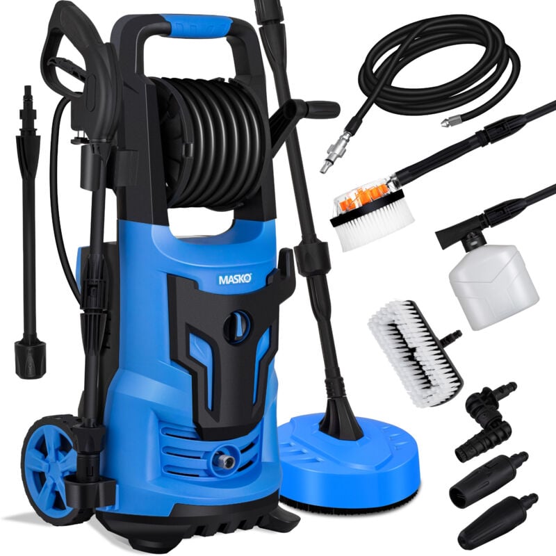 Masko - Nettoyeur haute pression 2200 Watt 165 bar 450 l/h avec bobine enrouleur 10m de tuyau 9.tl. set d'accessoires avec bouteille de savon buse à