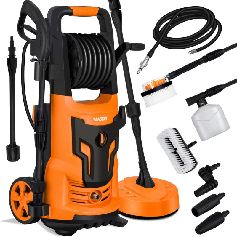 Masko - Nettoyeur haute pression 2200 Watt 165 bar 450 l/h avec bobine enrouleur 10m de tuyau 9.tl. set d'accessoires avec bouteille de savon buse à