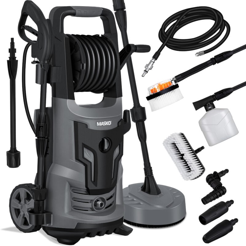Masko - Nettoyeur haute pression 2200 Watt 165 bar 450 l/h avec bobine enrouleur 10m de tuyau 9.tlg. set d'accessoires avec bouteille de savon buse à