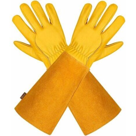 (Gelb XL) Atmungsaktive Gartenhandschuhe aus Leder für Damen und Herren mit Anti-Dornen-Handschuh, lange Ärmel aus Rindsleder für Gärtner und Landwirte
