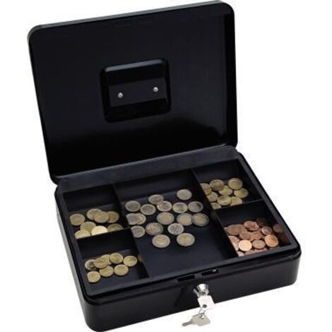 Geldkassette ® 30 x 9 x 24 cm (B x H x T) 1 Fach für Banknoten 5 Fächer für Hartgeld mit Schloss Stahl schwarz