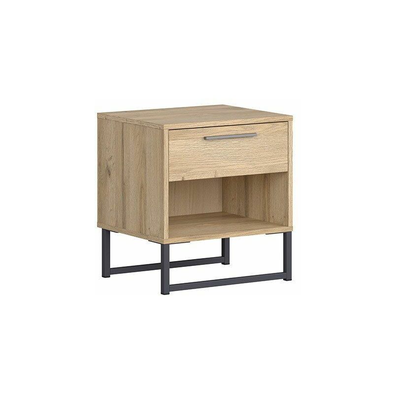 GEMMA - Table de chevet style industriel chambre à coucher/d'ado - 50x46x39 - Tiroir+tablette - Table de lit - Chêne