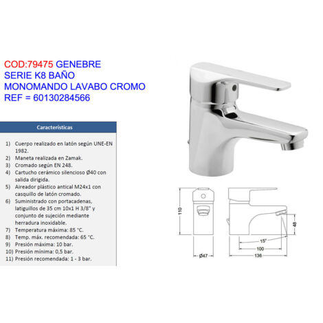 GENEBRE genebre serie k8 baño monomando lavabo cromo 60130284566