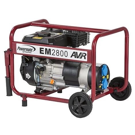 Generador Pramac Powermate EM2800, gasolina, potencia LTP 2800 W, AVR, arranque manual, kit de ruedas incluido