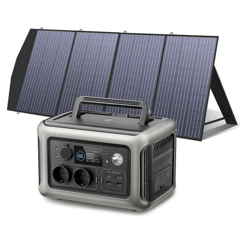 Allpowers - Générateur Solaire, ac Station d'alimentation Portable,2 x 600 w (Pointe 1200 w) Sortie avec Panneau Solaire 200 w, Batterie LiFePO4 R600