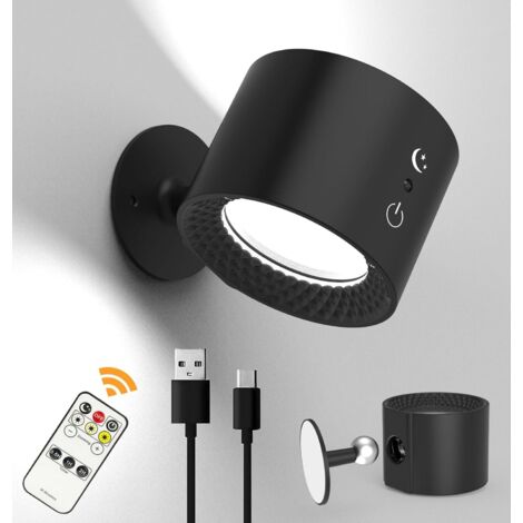 Générique Applique Murale, Lampe Murale Sans Fil, Applique Murale Interieur, Lampe Murale LED Rechargeable avec Télécommande ou Tactile, 3 Températures de Couleur et Luminosité Réglable (Noir)