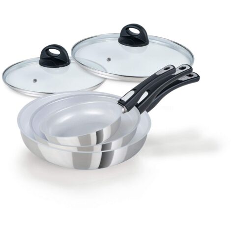 Genius Cerafit Steel - Set di 5 padelle in ceramica 20 24 28 cm con rivestimento antiaderente antigraffio + coperchio in vetro, padelle a induzione con manico rimovibile per tutti i piani cottura