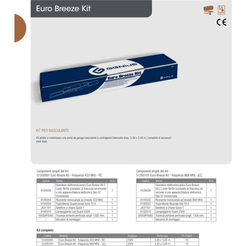 Kit d'automatisation de porte de garage GENIUS FAAC EURO BREEZE RC 230V 51200091