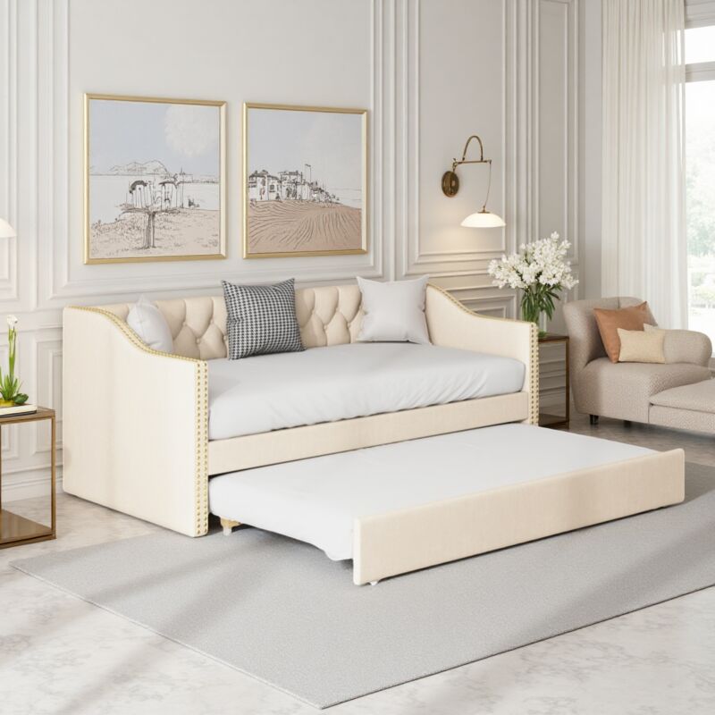 Canapé-Lit Escamotable 90x200 cm, Lit Matelassé, Sommier à Lattes, Lit Double d'Invité - Tissu Lin Beige